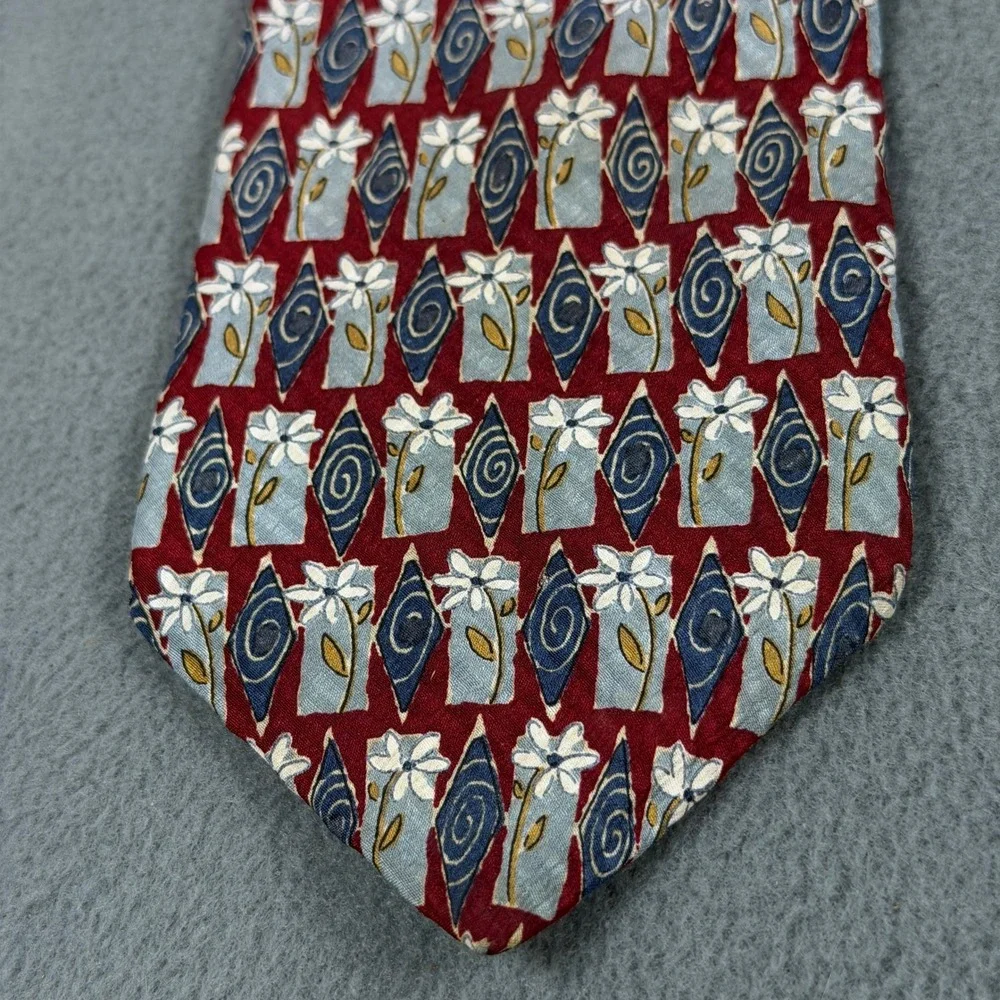 Structure Mens Silk Tie Red Blue Floral Geometric Pattern Made in USA Vintage